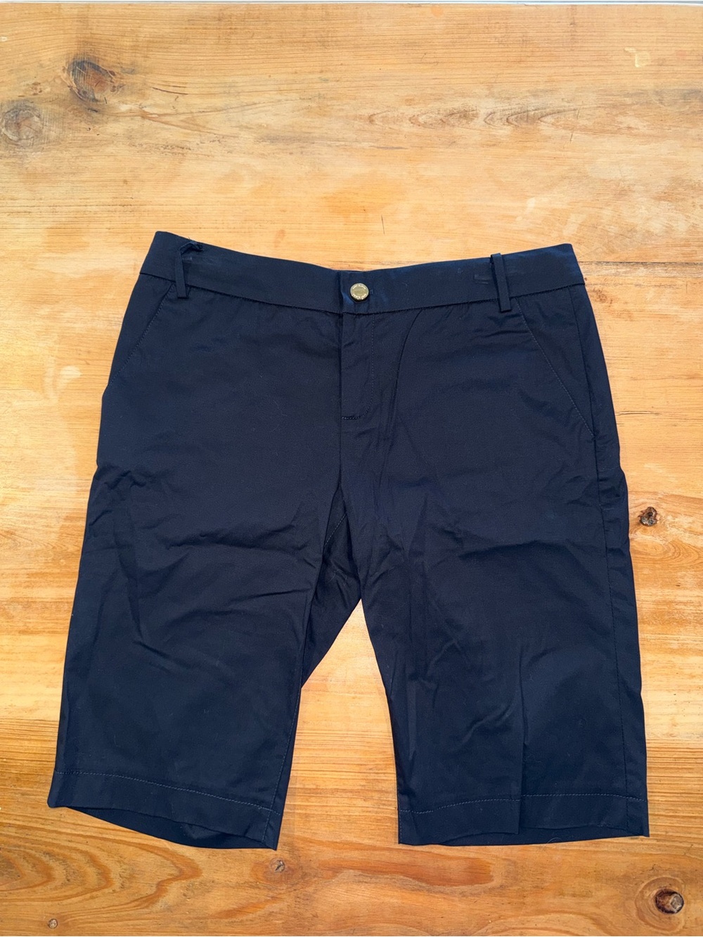 Tory Burch Navy Tailored Bermuda Shorts Size 10 Gold Logo Buttons